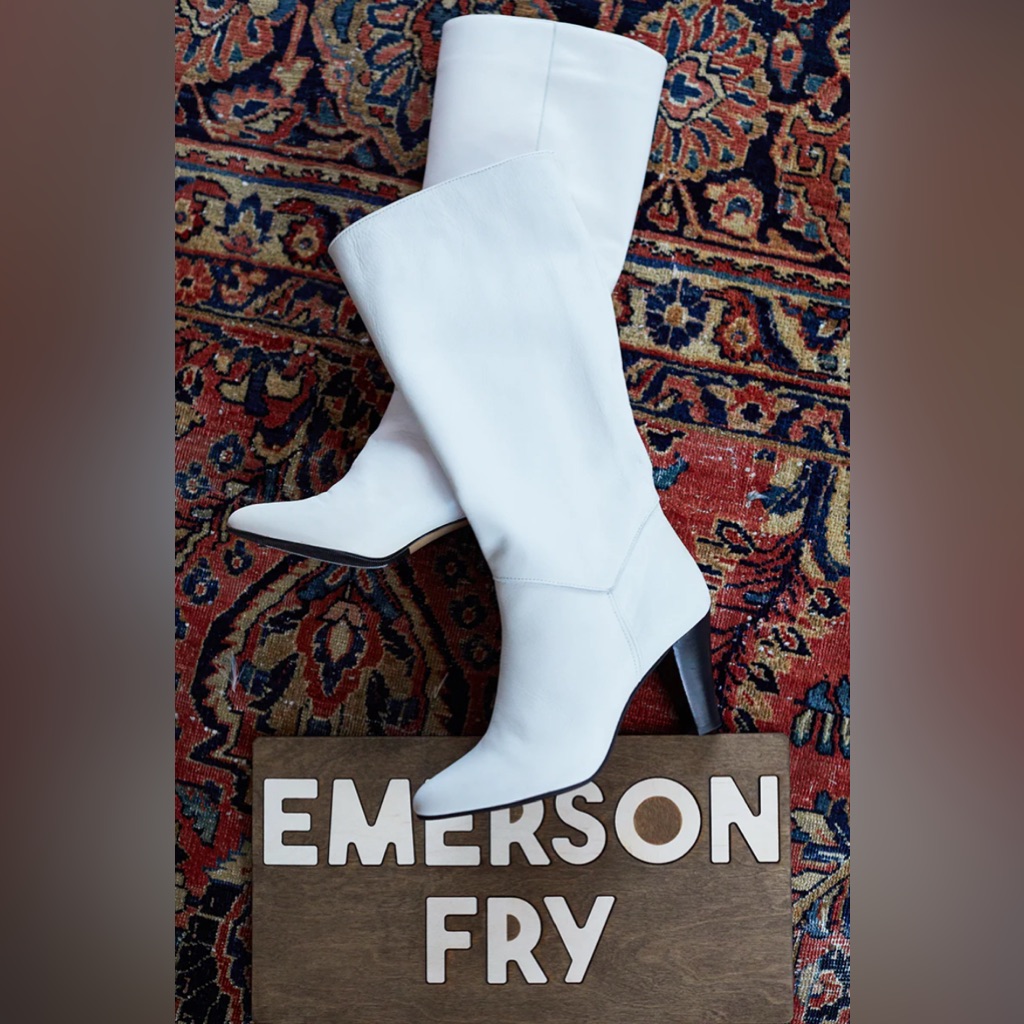 New Emerson Fry White Lou Heeled Boots Leather Black Wood Heel Eu 37 / Us 7